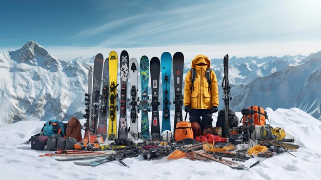 Uma foto de uma seção com equipamento de esqui e snowboard