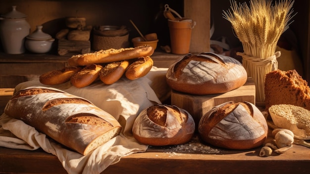 uma foto de uma seleção de pão artesanal cozinha de fazenda luz suave da tarde