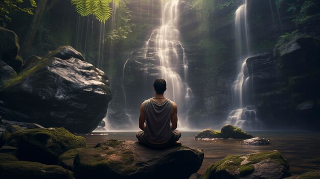 Uma foto de uma sessão de meditação junto a uma cachoeira serena