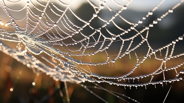 Foto uma foto de uma teia de aranha com gotas de orvalho delicadas à luz do sol da manhã