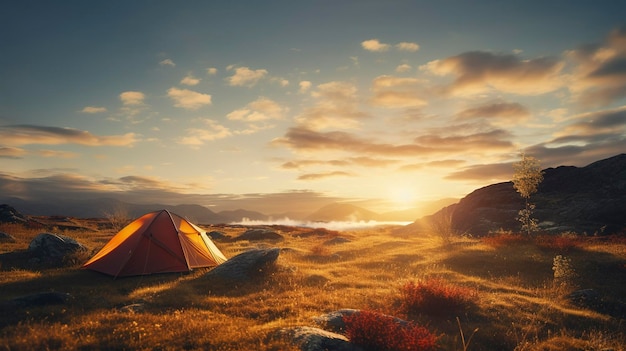 Uma foto de uma tenda montada em uma área selvagem remota ao nascer do sol