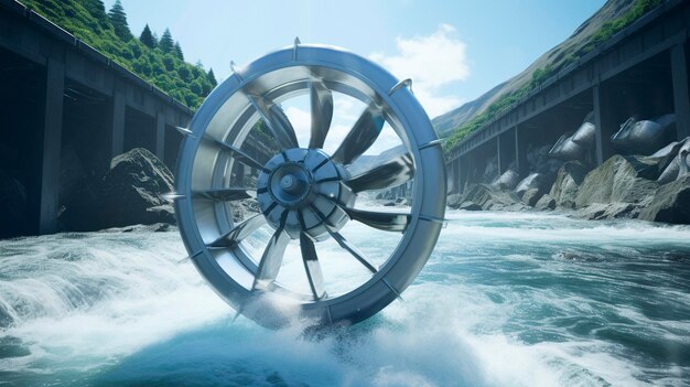 Uma foto de uma turbina hidrocinética em um rio em fluxo