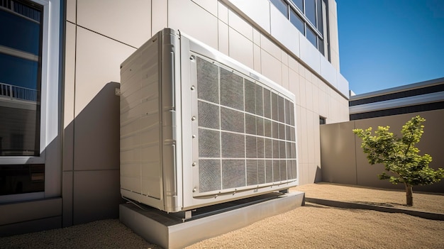 Uma foto de uma unidade de ar condicionado movida a energia solar em um edifício