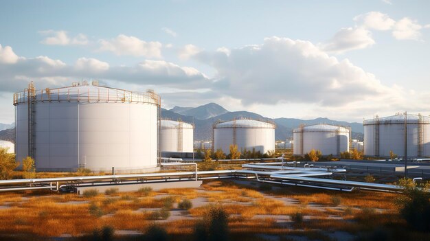 Uma foto de uma usina de bioenergia com tanques de armazenamento de combustível