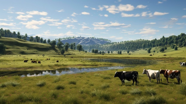 uma foto de uma vaca em um campo com montanhas no fundo