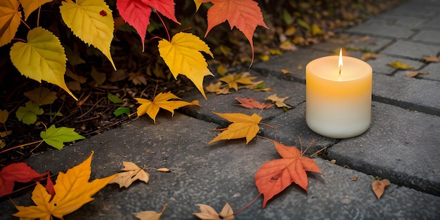 Uma foto de uma vela cercada por folhas de outono
