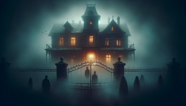 Uma foto de uma velha mansão envolta em nevoeiro com luzes fracas e sombras espectrais sugerindo sua história assombrada Gerada por IA