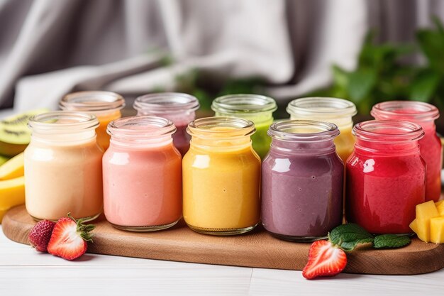 Uma foto de vários potes de vidro cheios de smoothies de frutas