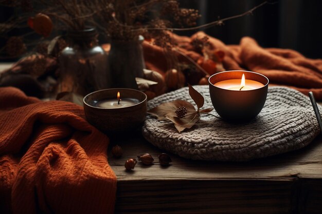 Foto uma foto de velas um suéter e folhas em uma mesa de madeira no estilo de laranja escuro e bege