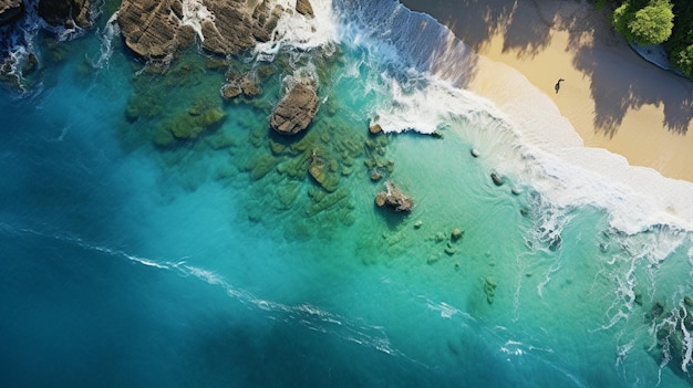 Uma foto de vista superior de um penhasco e o oceano azul-turquesa