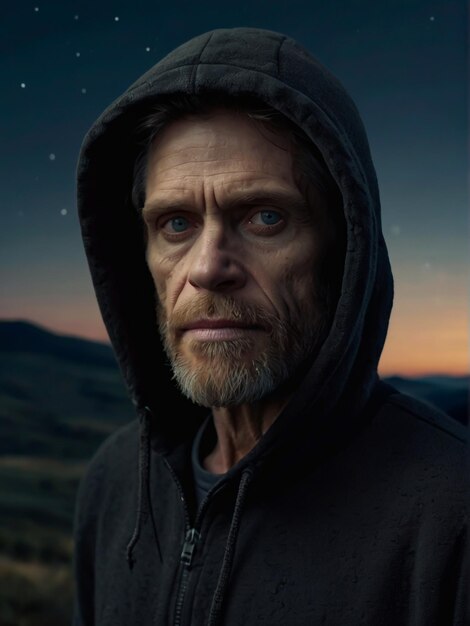 Uma foto de Willem Dafoe com um capuz preto