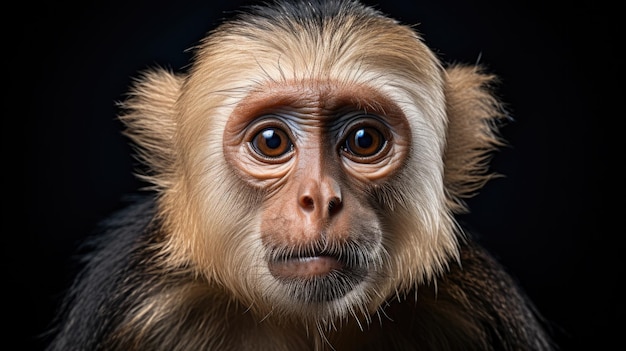 Uma foto de zoom de perto de um encantador macaco capuchinho com olhos penetrantes e fundo preto