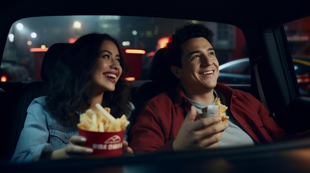 uma foto dentro de um carro de um feliz casal latino