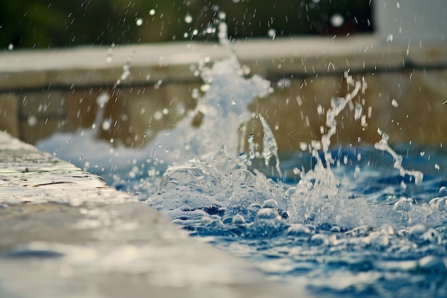 Uma foto detalhada da água a salpicar na borda da piscina