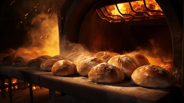 Foto uma foto detalhada de dentro do forno de pão de uma padaria com chamas piscando e pães assados