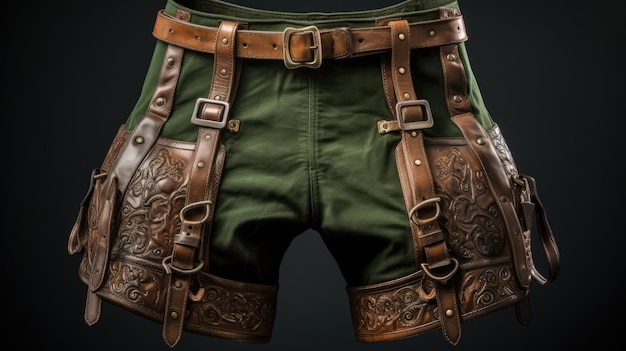 Uma foto detalhada de um lederhosen, os tradicionais calções de couro alemães.