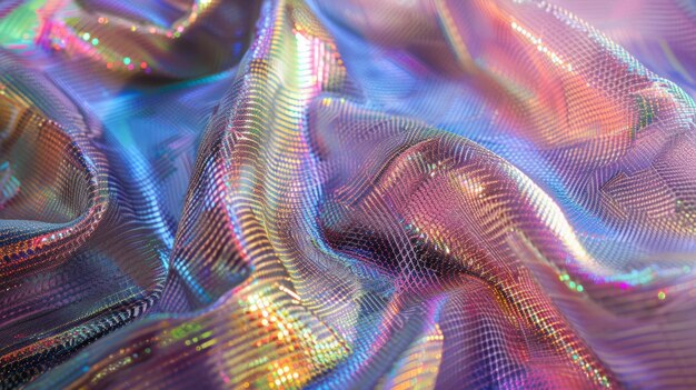 Uma foto detalhada de um material semelhante a um tecido com um brilho iridescente e padrões holográficos tecidos