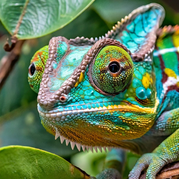 Uma foto detalhada dos olhos de um camaleão