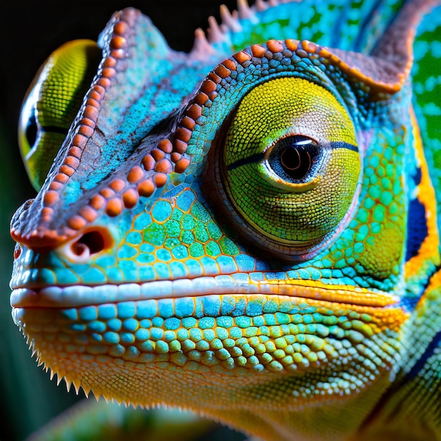 Uma foto detalhada dos olhos de um camaleão