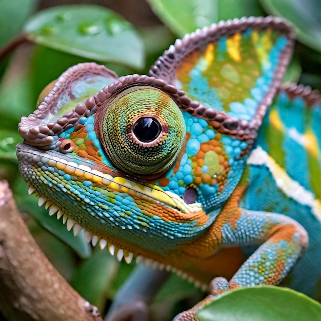 Uma foto detalhada dos olhos de um camaleão