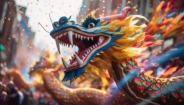 Foto uma foto dinâmica de um desfile de dragões chineses