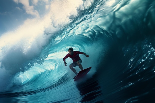 Uma foto dinâmica de um surfista montando uma onda rápida