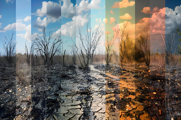 Foto uma foto dividida de um rio e árvores com um fundo de céu e nuvens acima dele e algumas árvores no
