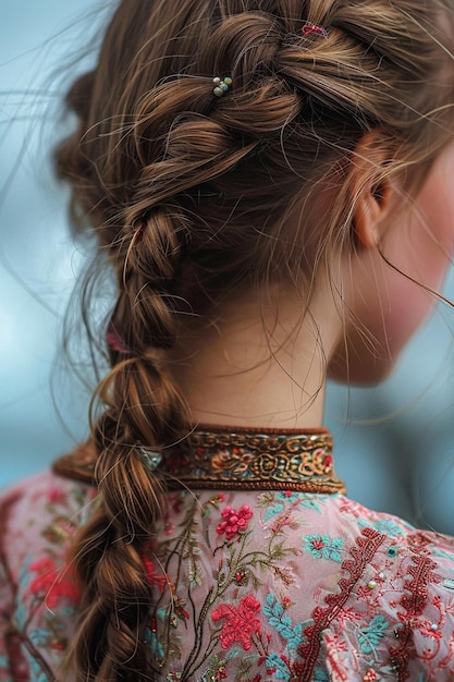 uma foto do cabelo de uma menina trançado com Martisors tecidos em