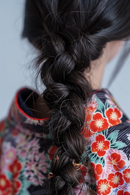 uma foto do cabelo de uma menina trançado com Martisors tecidos em