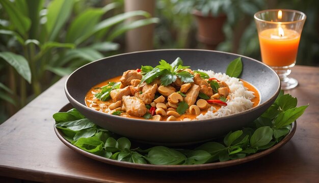 Uma foto do curry vermelho de frango e caju com arroz e ervas servida em um pitoresco pátio ao ar livre