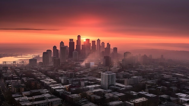 Uma foto do horizonte urbano ao amanhecer