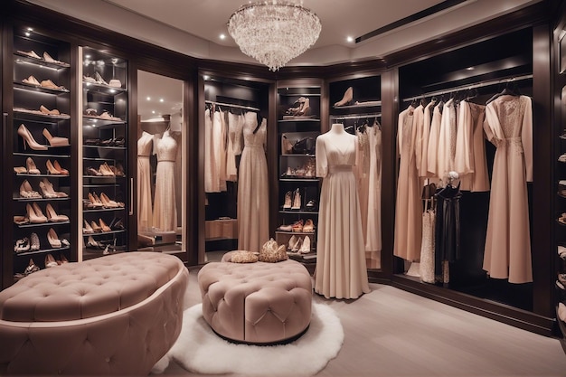 Uma foto do interior de um guarda-roupa feminino de luxo cheio de vestidos caros sapatos
