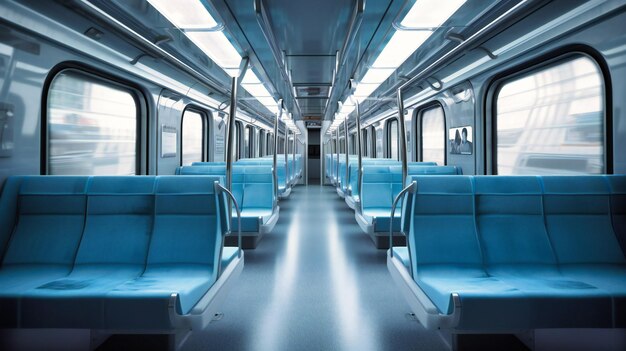 Uma foto do interior de um trem com assentos azuis
