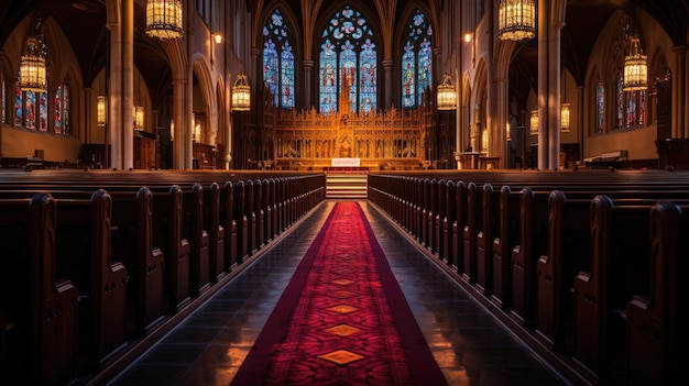 Uma foto do interior de uma igreja com vitrais com pouca luz de velas