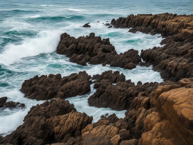 Uma foto do oceano e das rochas que estão na água.