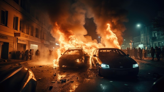 Uma foto documental de tumultos revolucionários e protestos queimando edifícios e carros na cidade.