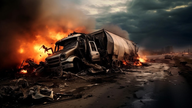 uma foto dramática e realista de um caminhão caindo em chamas e quebrando