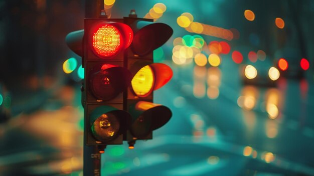 Uma foto em close de semáforos mudando de vermelho para verde com veículos desfocados no fundo simbolizando movimento e progressão