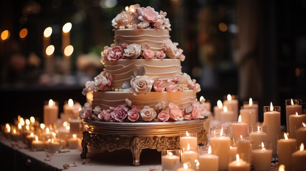 Uma foto em close de um bolo de casamento em camadas
