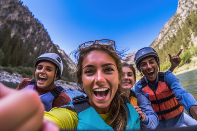 Uma foto em close de um grupo de amigos envolvidos em caiaque ou rafting em um rio de fluxo rápido com penhascos rochosos no fundo IA geradora