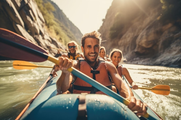 Uma foto em close de um grupo de amigos envolvidos em caiaque ou rafting em um rio de fluxo rápido com penhascos rochosos no fundo IA geradora