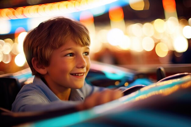 Uma foto em close de um menino rindo e desfrutando da adrenalina de uma colisão de carro de pára-choques.