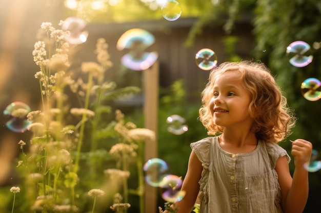 Uma foto em close de uma criança alegre soprando bolhas em um jardim vibrante IA generativa