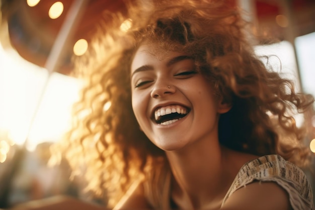 Uma foto em close de uma menina com o cabelo soprando no vento enquanto ela anda em um carrossel em um parque de diversões.