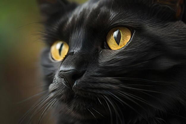 Uma foto em close-up captura o olhar intenso de um gato preto com olhos amarelos impressionantes A pelagem do gato é lisa e brilhante e o foco afiou os detalhes de seu rosto e bigodes contra um suave