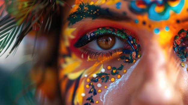 Uma foto em close-up capturando os ricos detalhes e cores da maquiagem de olhos em estilo de carnaval