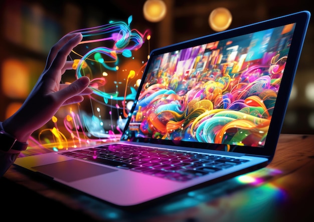 Foto uma foto em close-up da mão de uma pessoa percorrendo uma página da web vibrante e colorida em um laptop