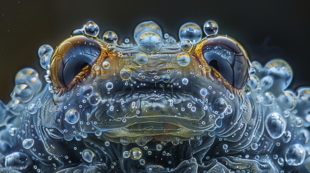 Foto uma foto em close-up das partes bucais de um tardígrado cercadas por gotículas microscópicas de água que se assemelham a uma