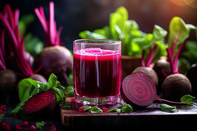 Uma foto em close-up de beterraba cortada com um copo de suco ao fundo