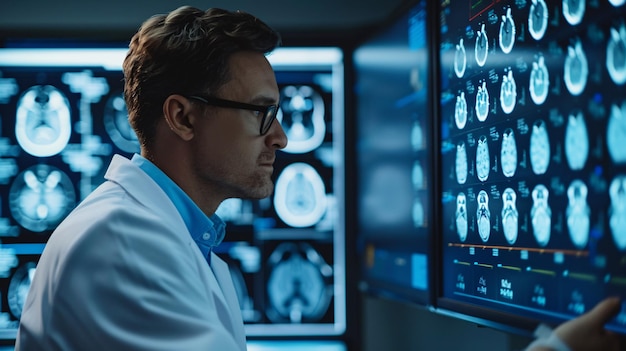 Uma foto em close-up de especialistas médicos conhecidos em casacos de laboratório examinando uma varredura de raios-X completa do corpo em uma unidade de radiologia de um hospital isolado.